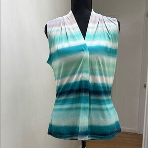 Calvin Klein Teal, Aqua & White Striped Sleeveless V-Neck Blouse